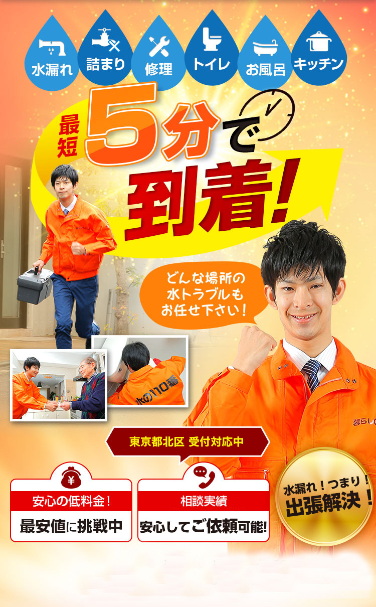 トイレつまり、蛇口水漏れ、水道修理、東京都北区